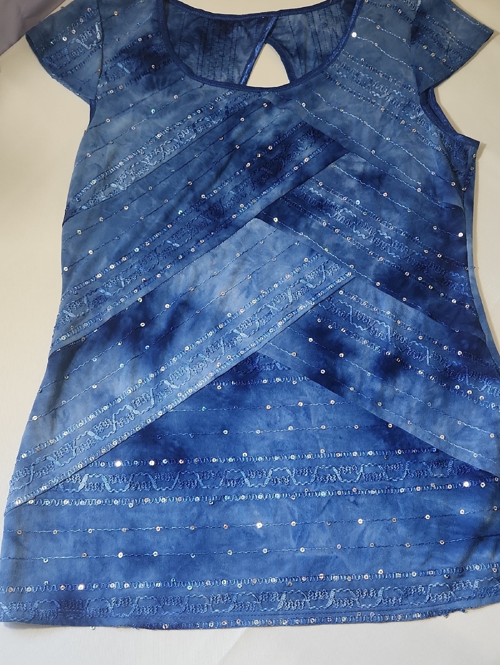 🐦 Blue Women's Sequin Embellished Blouse - Lightweight Polyester Blend